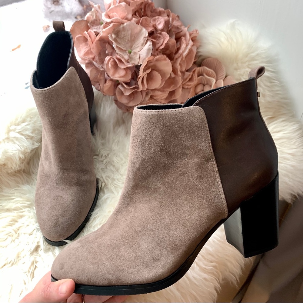 Lands End Brown Suede & Leather Chunky Heel Bootie